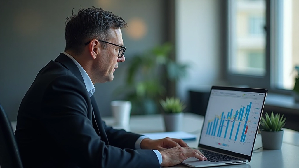 Profissional analisando gráficos de investimento e crescimento financeiro em tela