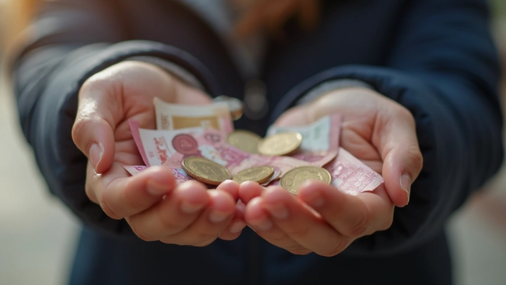 Mãos segurando moedas e notas portuguesas em contexto de poupança