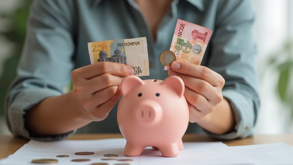 Pessoa depositando moedas em frasco de vidro rotulado com objetivo de poupança