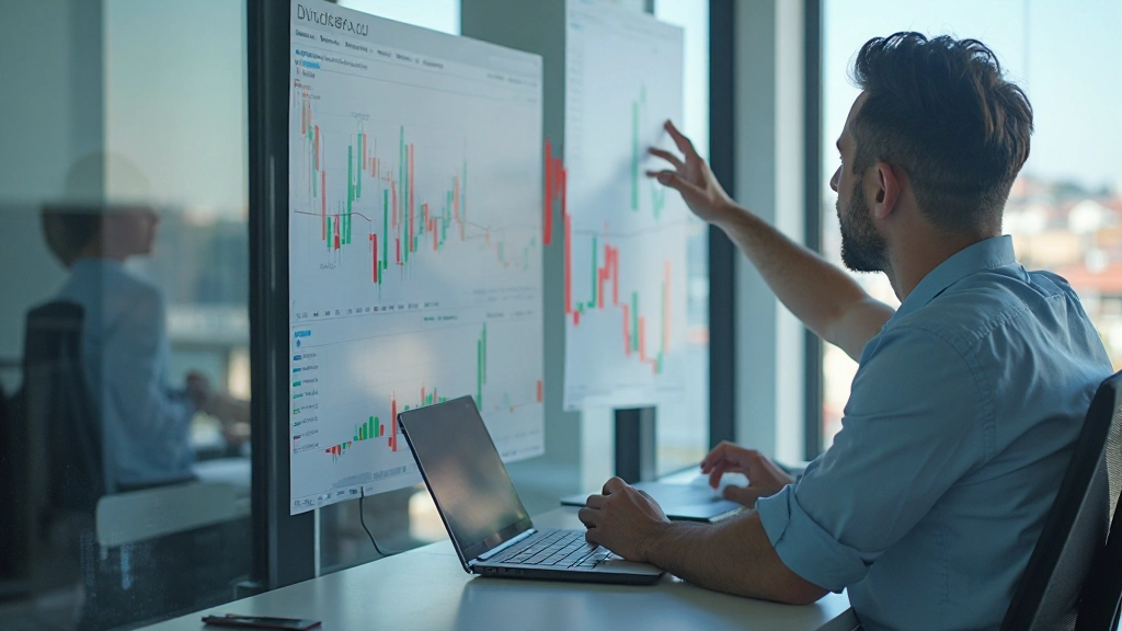 Jovem profissional estudando gráficos de investimento em ambiente moderno